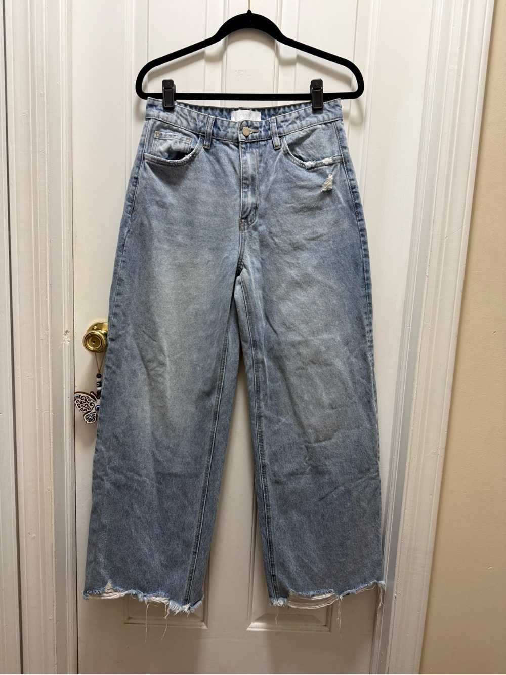VERVET Blue 100% Cotton Rigid Wide Leg Jeans High Rise Raw Hem 28